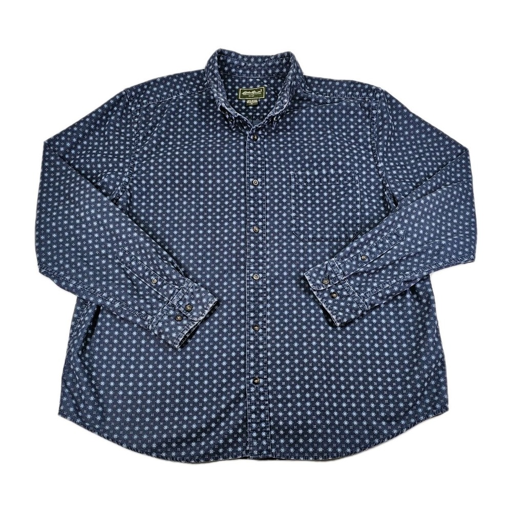 Vintage Eddie Bauer Shirt Mens XL Blue White Corduroy Button Up Geometric